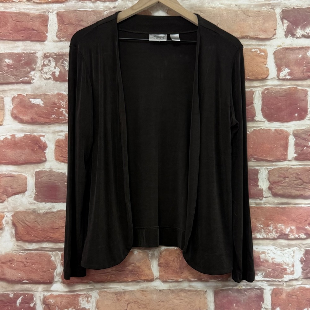 Chicos Travelers Shrug Top Women's M Dark Brown Buttonless Slinky Shirt Topper